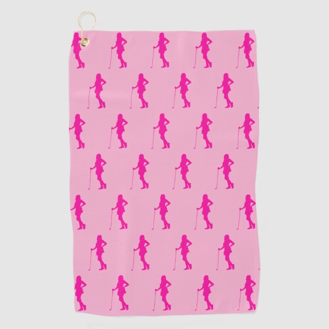 Pink Golf Lady Silhouette Golf Towel (Front)