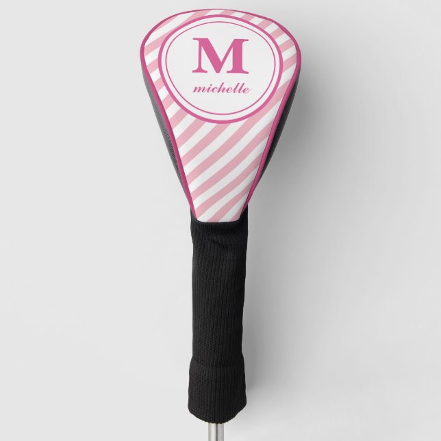 Pink | Golf | striped personalised NAME monogram Head Cover (Front)
