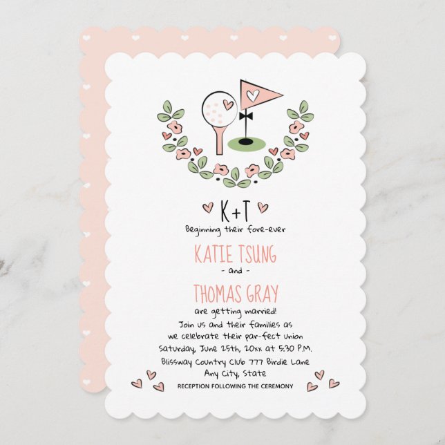 Pink Golf Themed Floral and Hearts Wedding Invitation (Front/Back)