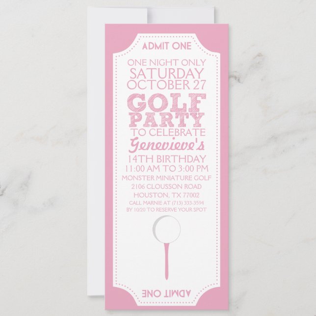 Pink Golf Ticket Golf Birthday Party Invitation (Front)