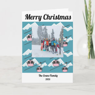 Pink gondolas on blue mountains with snow card