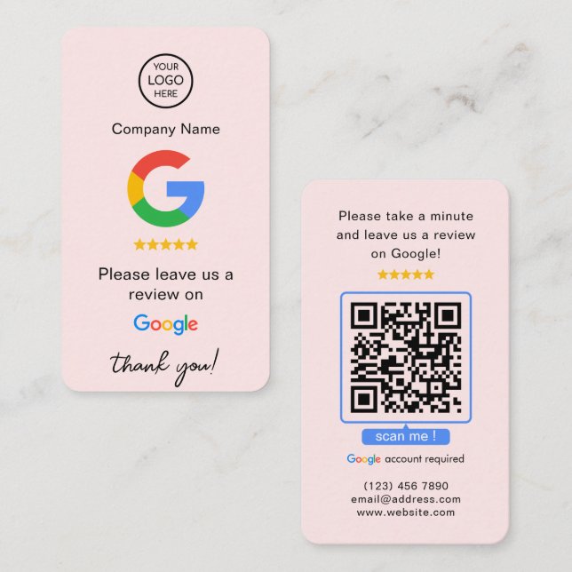 Pink Google Reviews QR Code Business Review Us Card (Front/Back)