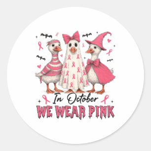 Pink Goose Witch In October We Wear Pumpkin Breast Classic Round Sticker