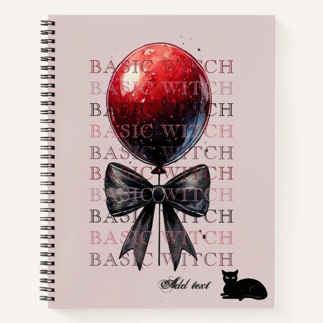 Pink Goth Balloon Black Cat Bow Coquette Halloween Notebook (Front)