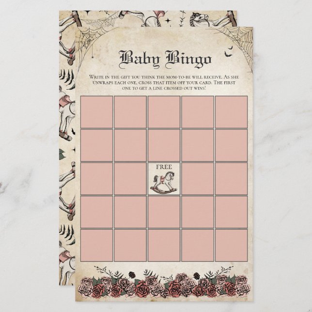 Pink Gothic Baby Shower Rocking Horse Baby Bingo (Front/Back)