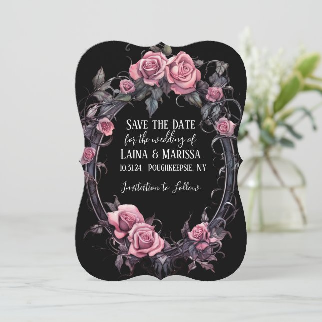 Pink Gothic Floral Save the Date Invitation (Standing Front)