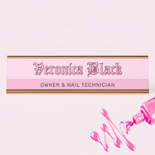 Pink Gothic Lettering Nail Technician Name Plate