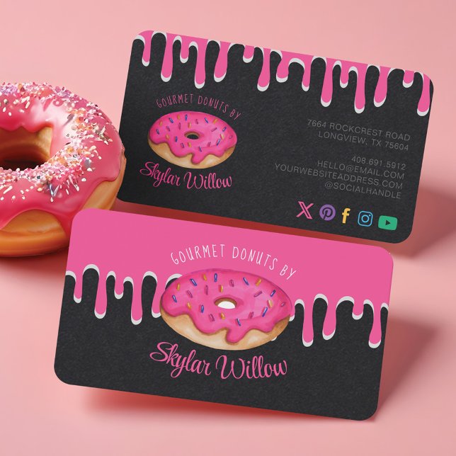 Pink Gourmet Sprinkle Doughnut Pink Drips Bakery Business Card (Pink Gourmet Sprinkle Donut Pink Drips Bakery Business Card)