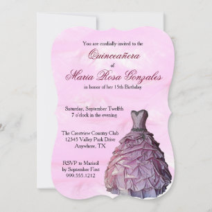 Pink Gown and Feathers Quinceañera Invitations