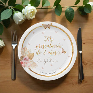 Pink Gown Girl Mi Presentación de 3 Años Spanish Paper Plate
