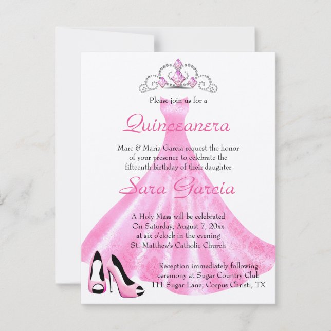 Pink Gown Quinceanera Invitation (Front)