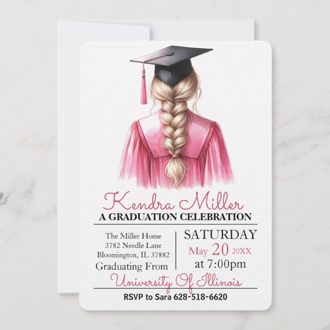 Pink Gown Watercolor Graduation Invitation (Front)