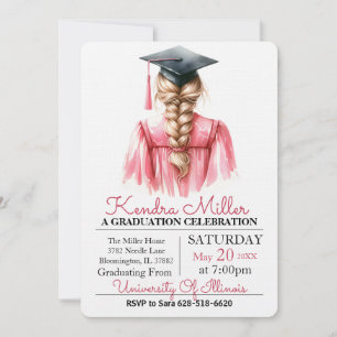 Pink Gown Watercolor Graduation Invitation
