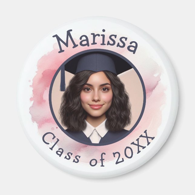 Pink Grad Photo Class Custom Year Name Watercolor Magnet (Front)