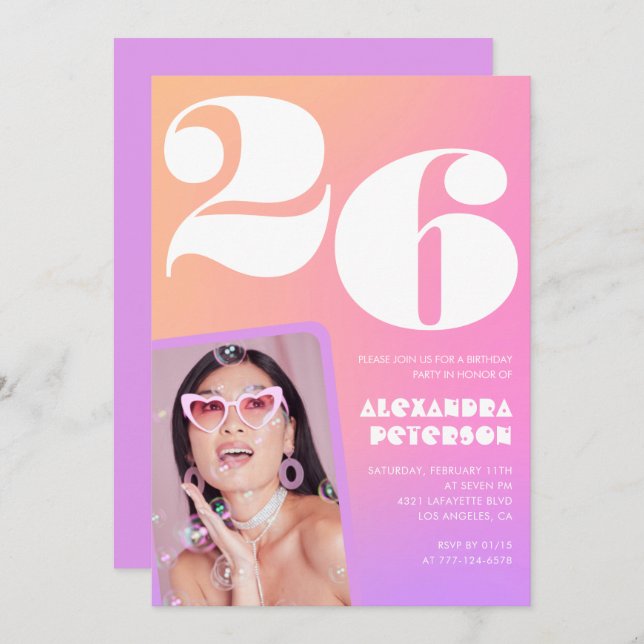 Pink Gradient 26th birthday invitation Retro Photo (Front/Back)