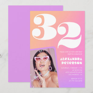 Pink Gradient 32nd birthday invitation Retro Photo