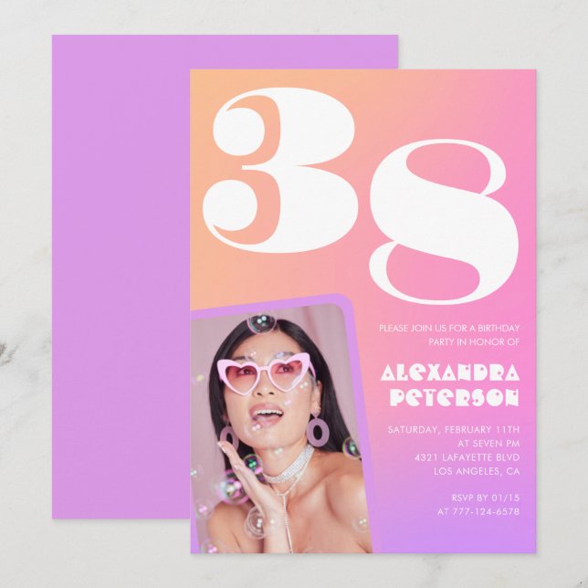 Pink Gradient 38th birthday invitation Retro Photo (Front/Back)