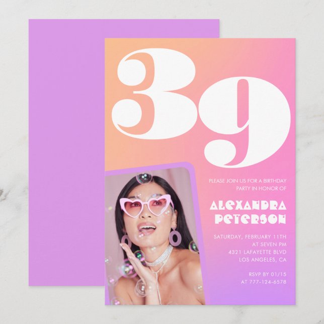 Pink Gradient 39th birthday invitation Retro Photo (Front/Back)