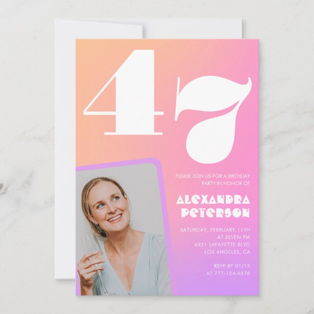Pink Gradient 47th birthday invitation Retro Photo (Front)