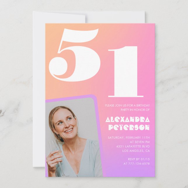 Pink Gradient 51st birthday invitation Retro Photo (Front)