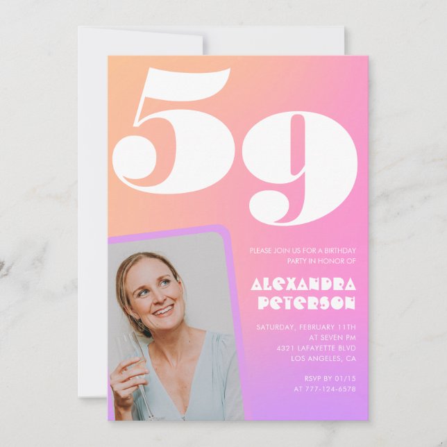 Pink Gradient 59th birthday invitation Retro Photo (Front)