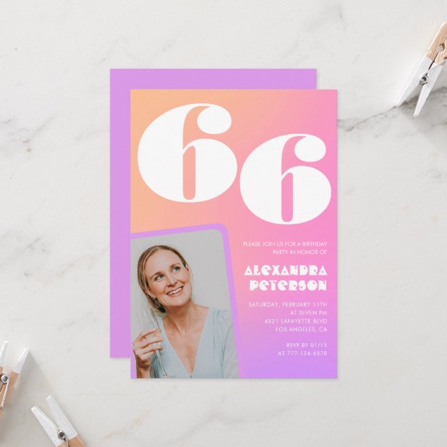 Pink Gradient 66th birthday invitation Retro Photo (Front/Back In Situ)