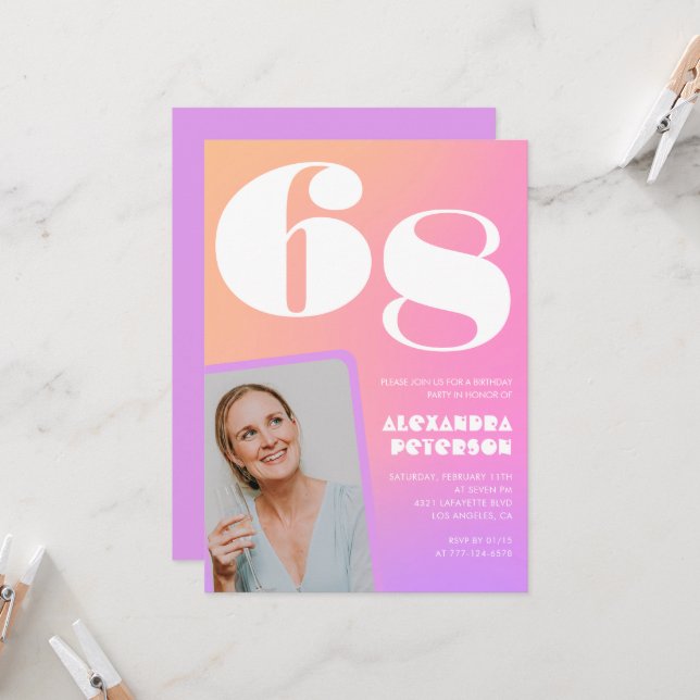 Pink Gradient 68th birthday invitation Retro Photo (Front/Back In Situ)