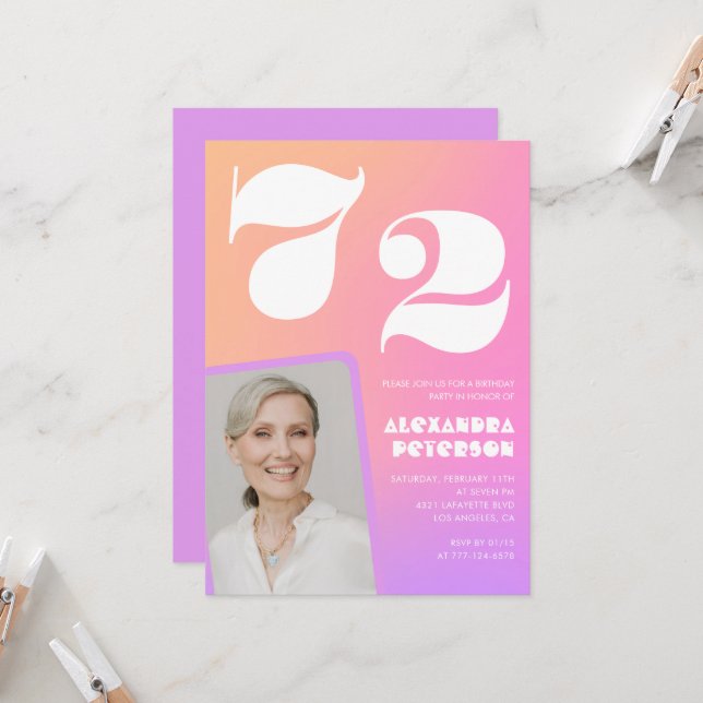Pink Gradient 72nd birthday invitation Retro Photo (Front/Back In Situ)
