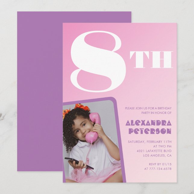 Pink Gradient 8th birthday invitations Girl Photo (Front/Back)
