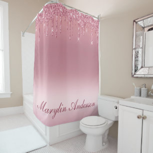 PINK GRADIENT GLITTER DRIP CUSTOM NAME MONOGRAM SHOWER CURTAIN