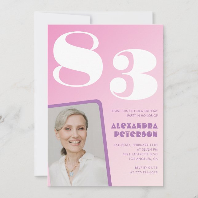 Pink Gradient Photo 83rd birthday Invitation (Front)