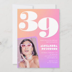Pink Gradient Retro Photo 39th birthday Invitation