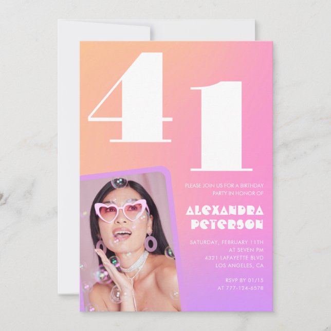 Pink Gradient Retro Photo 41st birthday Invitation (Front)