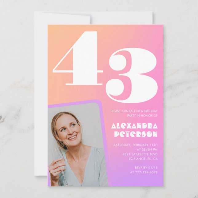 Pink Gradient Retro Photo 43rd birthday Invitation (Front)