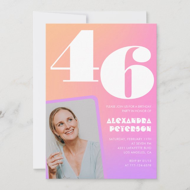 Pink Gradient Retro Photo 46th birthday Invitation (Front)