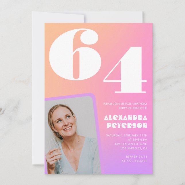 Pink Gradient Retro Photo 64th birthday Invitation (Front)