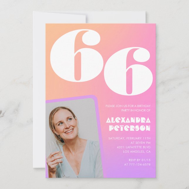 Pink Gradient Retro Photo 66th birthday Invitation (Front)