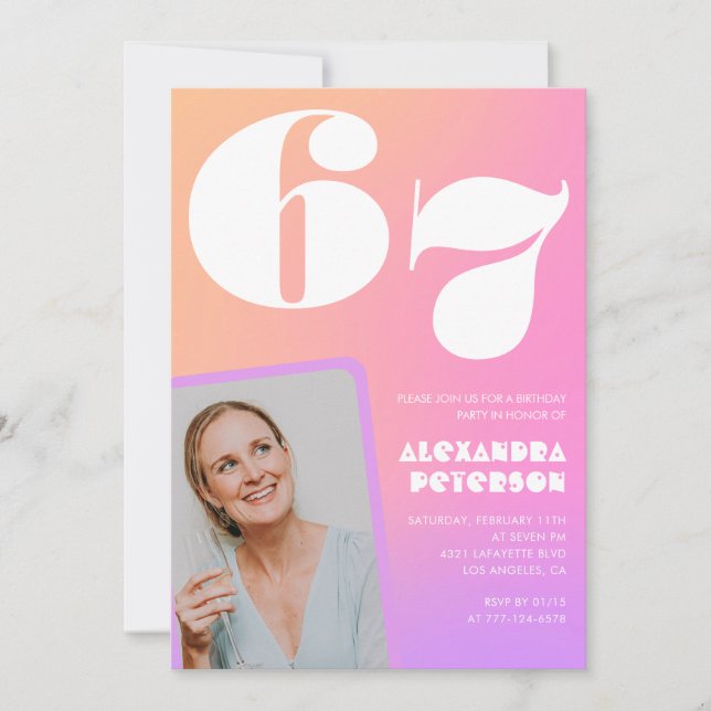 Pink Gradient Retro Photo 67th birthday Invitation (Front)