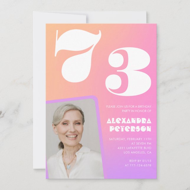 Pink Gradient Retro Photo 73rd birthday Invitation (Front)