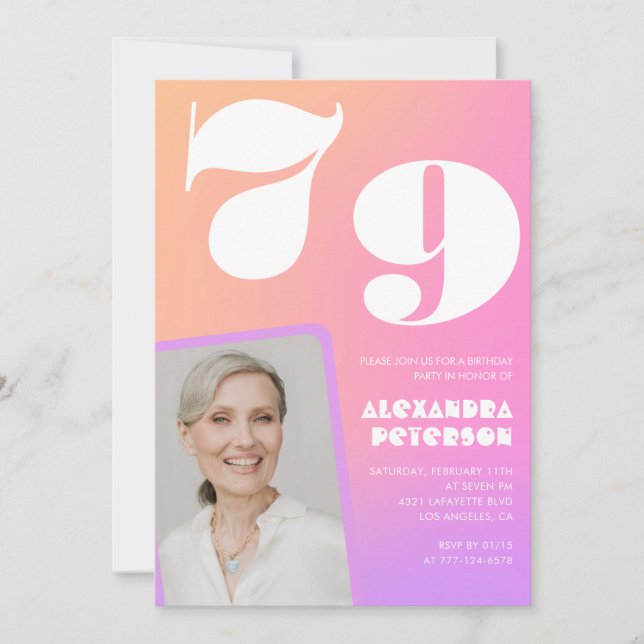 Pink Gradient Retro Photo 79th birthday Invitation (Front)