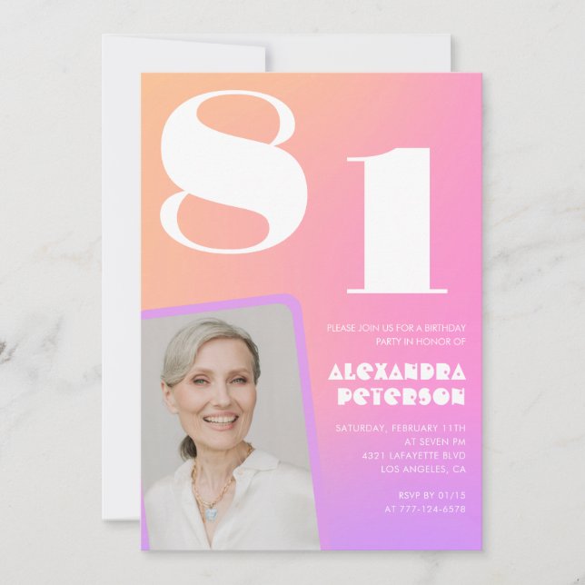 Pink Gradient Retro Photo 81st birthday Invitation (Front)