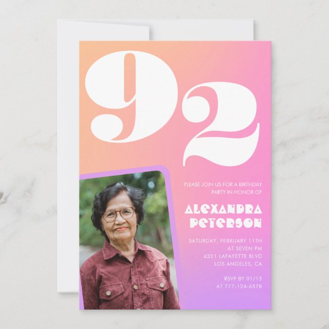 Pink Gradient Retro Photo 92nd birthday Invitation (Front)