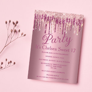 Pink gradient rose gold glitter drips Sweet 17 Inv Invitation