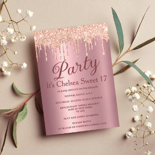 Pink gradient rose gold glitter drips Sweet 17 Invitation