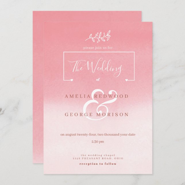 Pink Gradient White Flower Wedding Invitation (Front/Back)