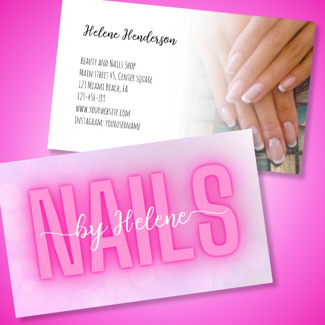 Pink gradient white Nails by custom text photo  Business Card (Creator Uploaded)