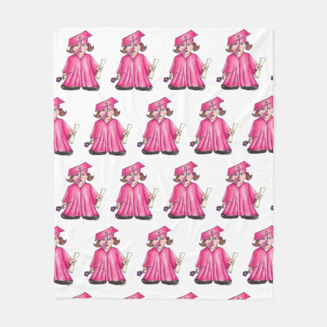 Pink Graduate Girl Cap Gown Diploma Graduation Fleece Blanket (Front)
