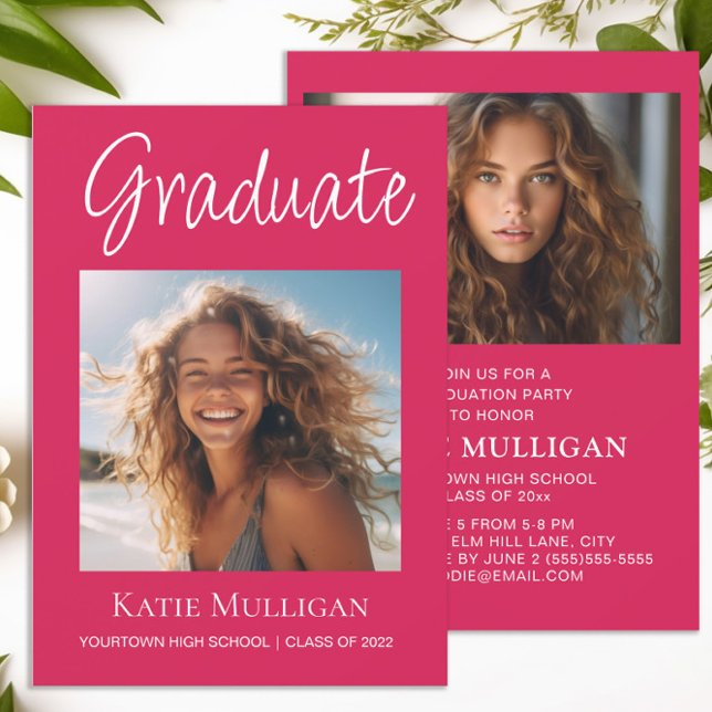 Pink Graduation 2 Photo Graduation Party  (Hot pink 2-photo graduation party invitation)
