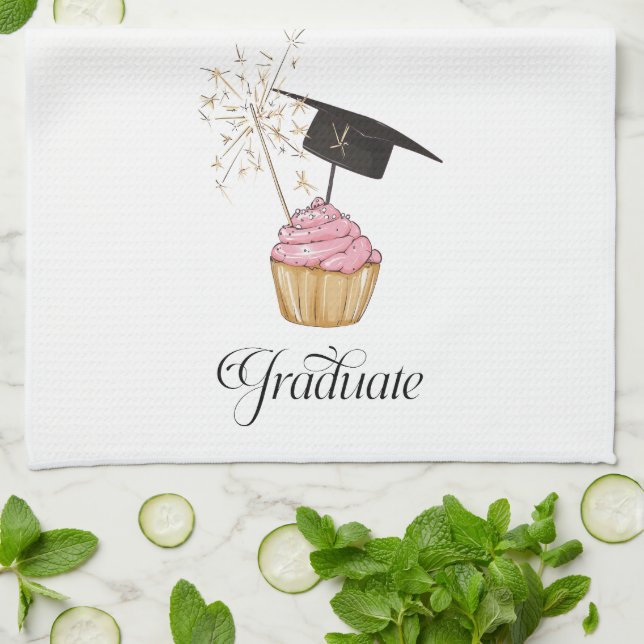 Pink Graduation Cupcake Graduate Tea Towel (Folded)