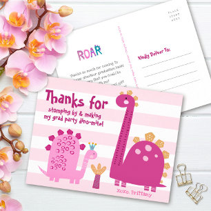 Pink Graduation Dinosaurs Girl Kawaii Thank You Postcard